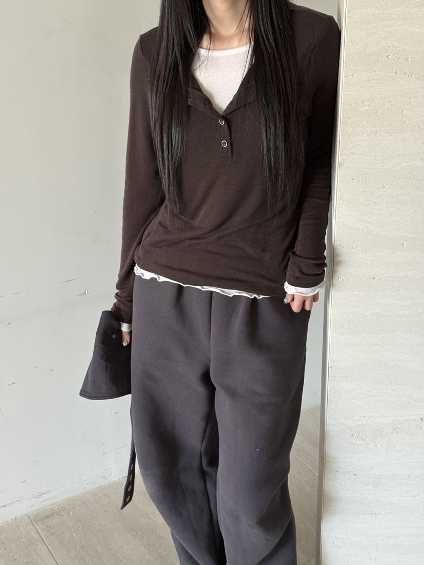 Verbena東大門㊣直郵女士新款休閑職業長袖T恤羊毛絲綢紐扣Verbena長袖T恤