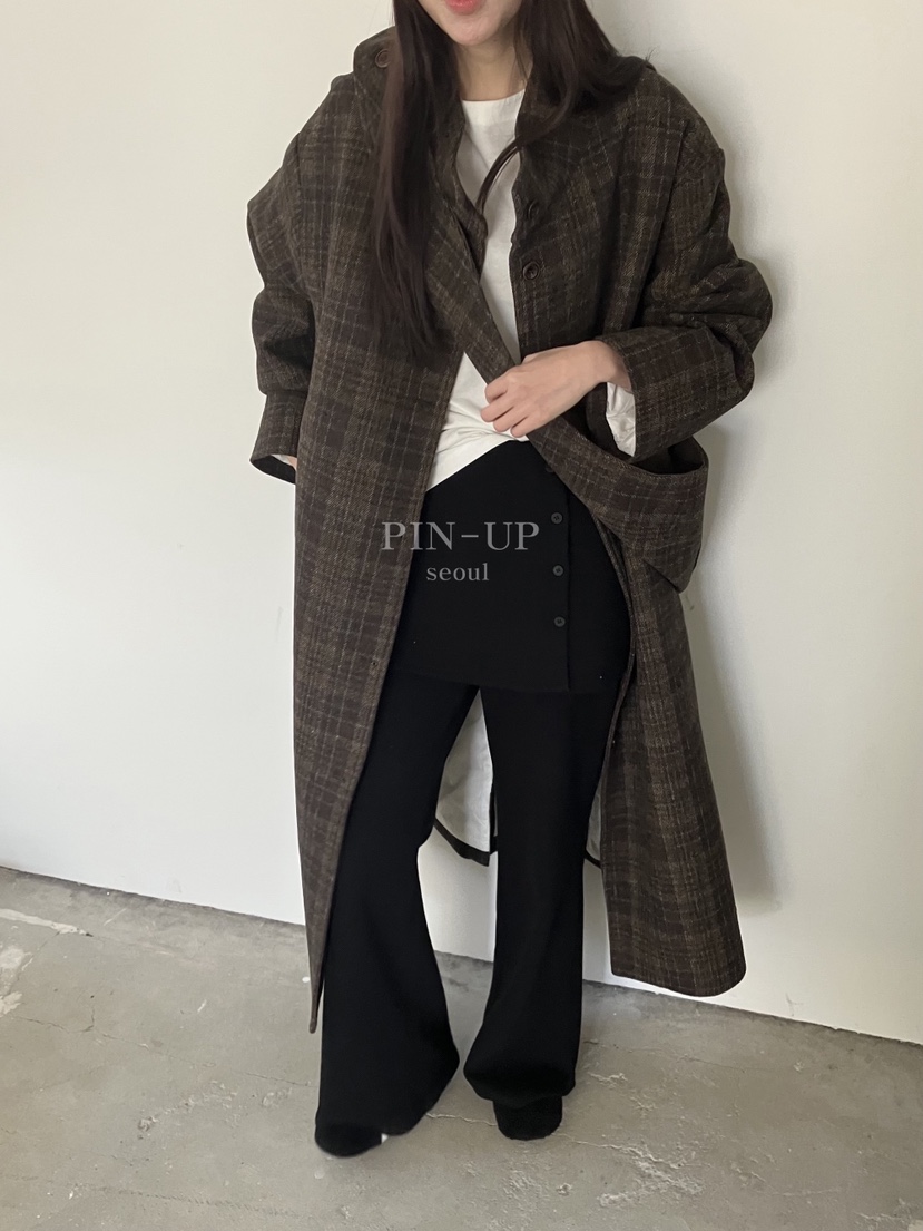 PIN-UP韓國直郵㊣女士新品25秋冬中長款大衣含腰帶格子絎縫連帽PIN-UP中長款大衣