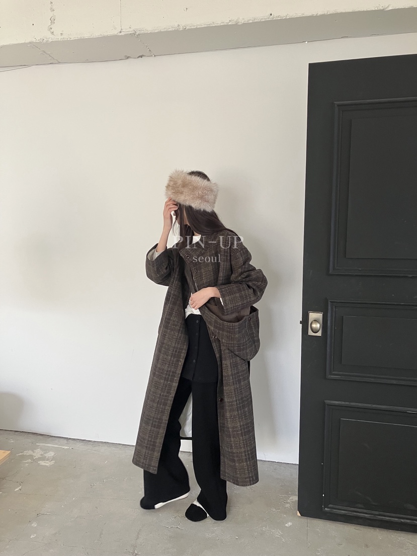 PIN-UP韓國直郵㊣女士新品25秋冬中長款大衣含腰帶格子絎縫連帽PIN-UP中長款大衣