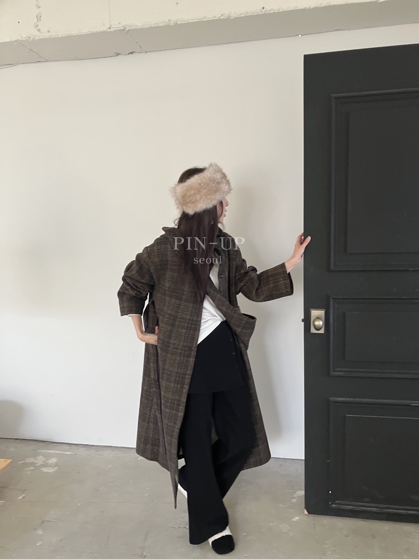 PIN-UP韓國直郵㊣女士新品25秋冬中長款大衣含腰帶格子絎縫連帽PIN-UP中長款大衣
