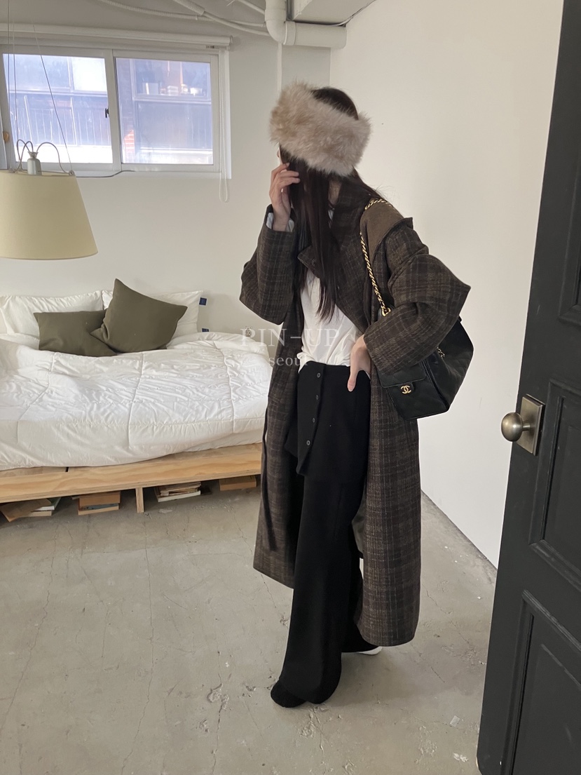 PIN-UP韓國直郵㊣女士新品25秋冬中長款大衣含腰帶格子絎縫連帽PIN-UP中長款大衣