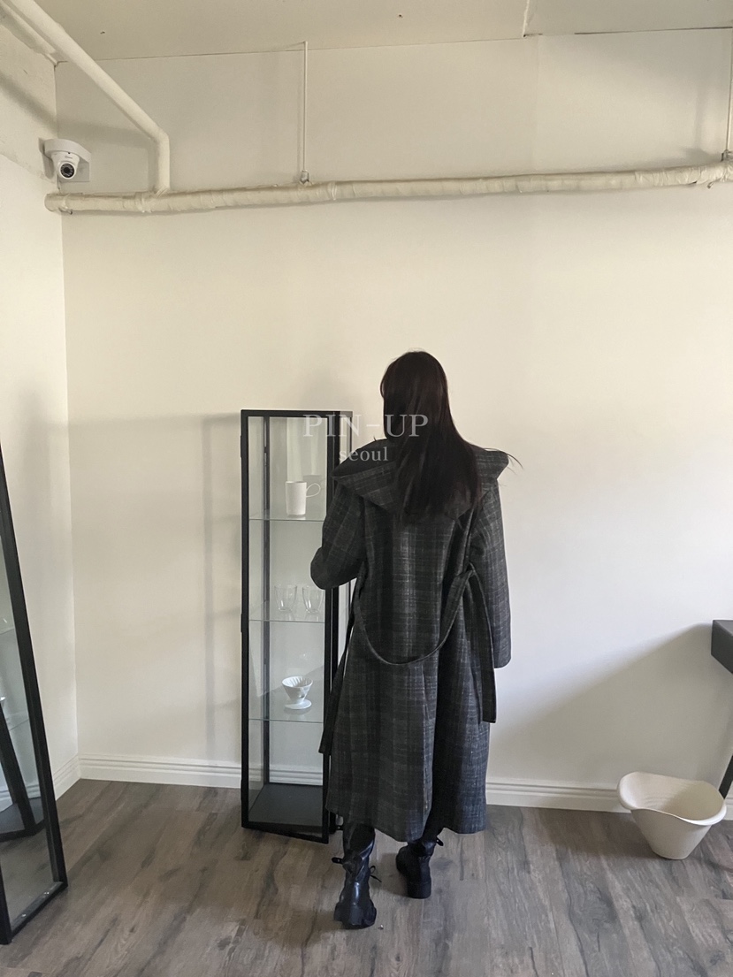 PIN-UP韓國直郵㊣女士新品25秋冬中長款大衣含腰帶格子絎縫連帽PIN-UP中長款大衣