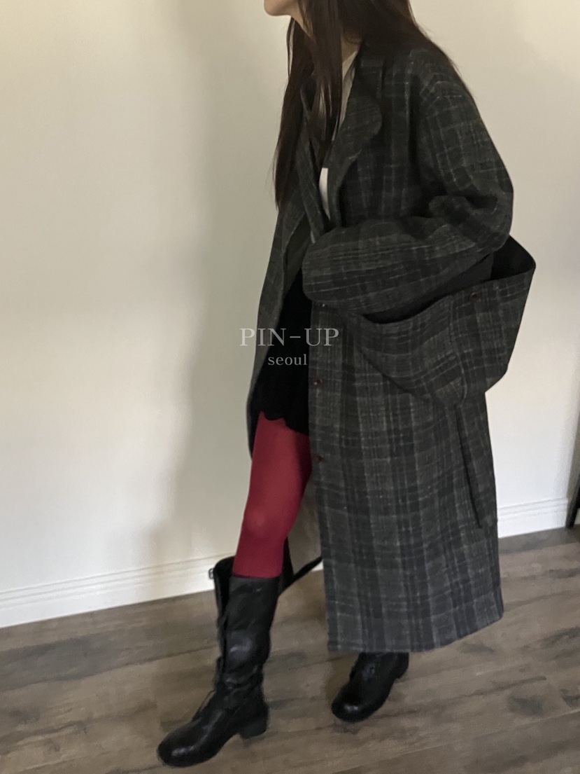 PIN-UP韓國直郵㊣女士新品25秋冬中長款大衣含腰帶格子絎縫連帽PIN-UP中長款大衣