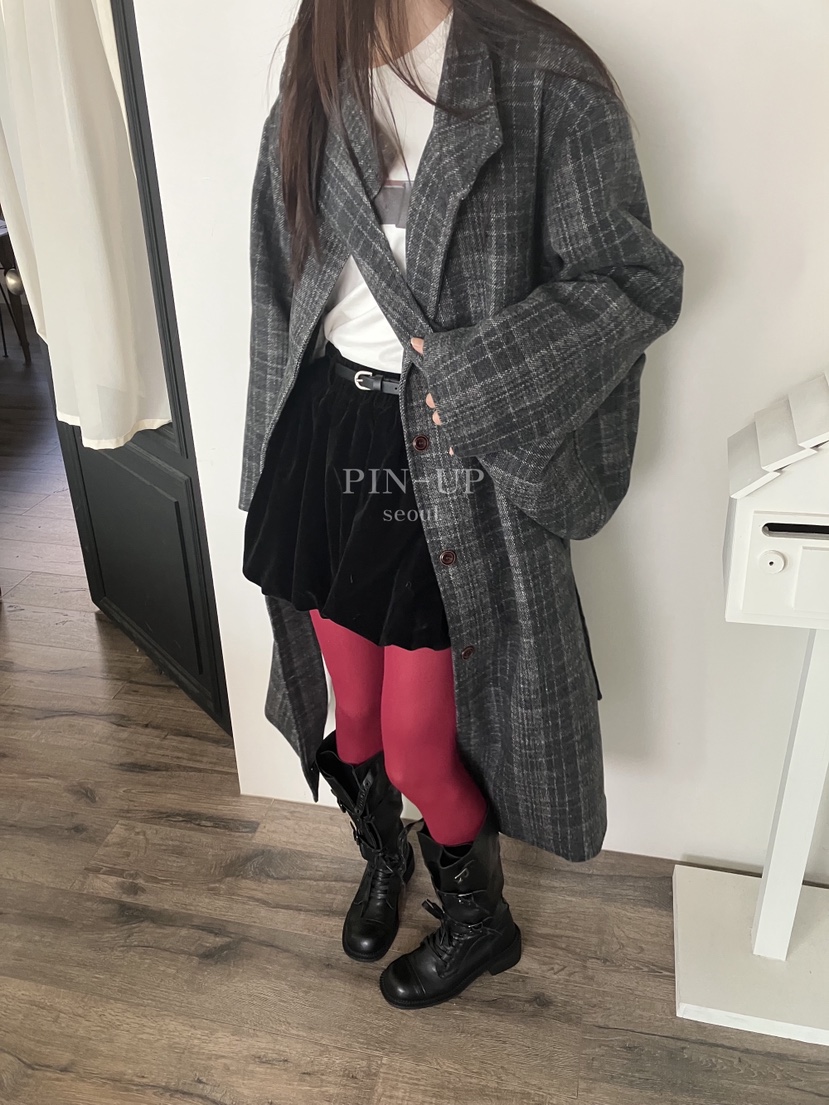 PIN-UP韓國直郵㊣女士新品25秋冬中長款大衣含腰帶格子絎縫連帽PIN-UP中長款大衣