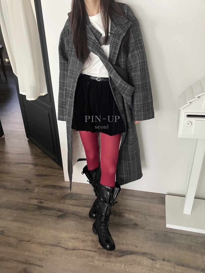 PIN-UP韓國直郵㊣女士新品25秋冬中長款大衣含腰帶格子絎縫連帽PIN-UP中長款大衣