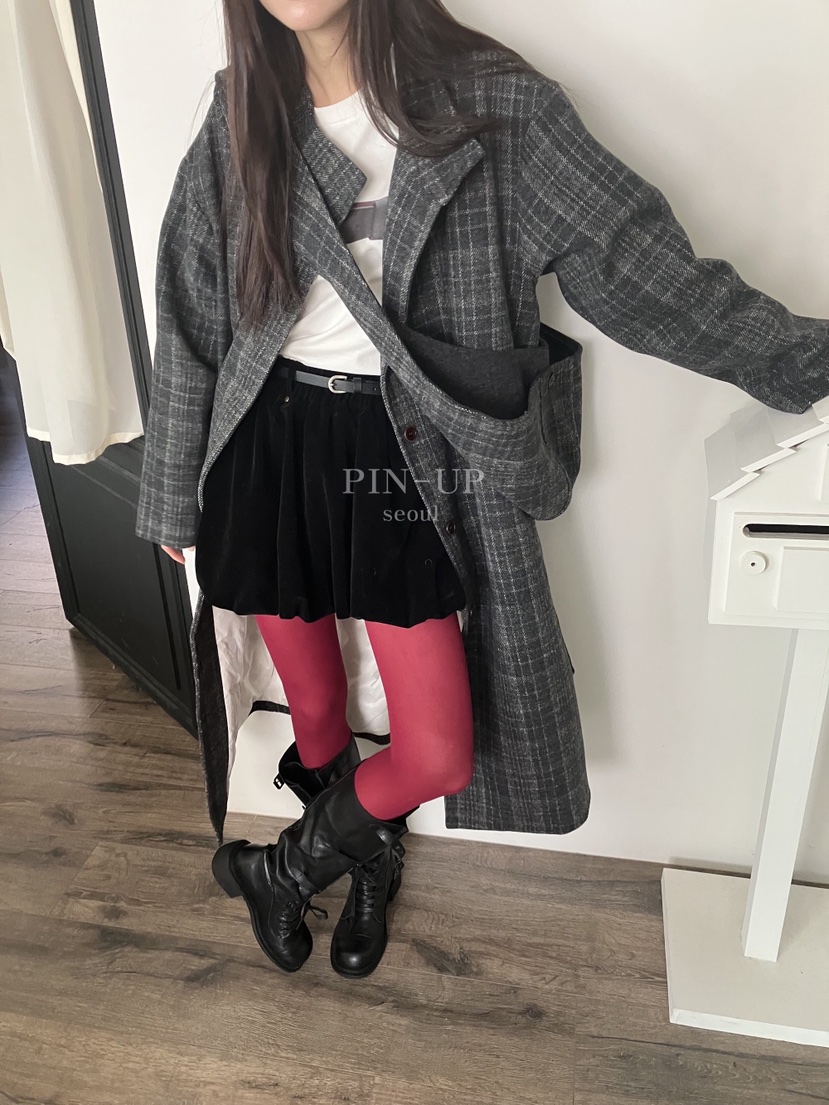 PIN-UP韓國直郵㊣女士新品25秋冬中長款大衣含腰帶格子絎縫連帽PIN-UP中長款大衣