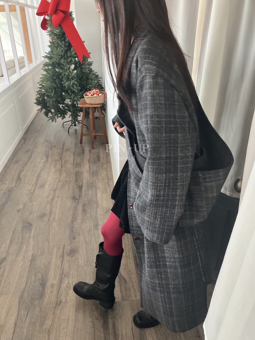 PIN-UP韓國直郵㊣女士新品25秋冬中長款大衣含腰帶格子絎縫連帽PIN-UP中長款大衣