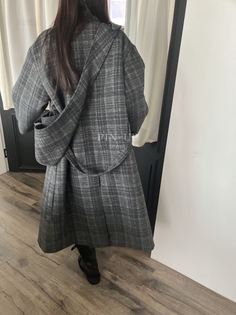 PIN-UP韓國直郵㊣女士新品25秋冬中長款大衣含腰帶格子絎縫連帽PIN-UP中長款大衣