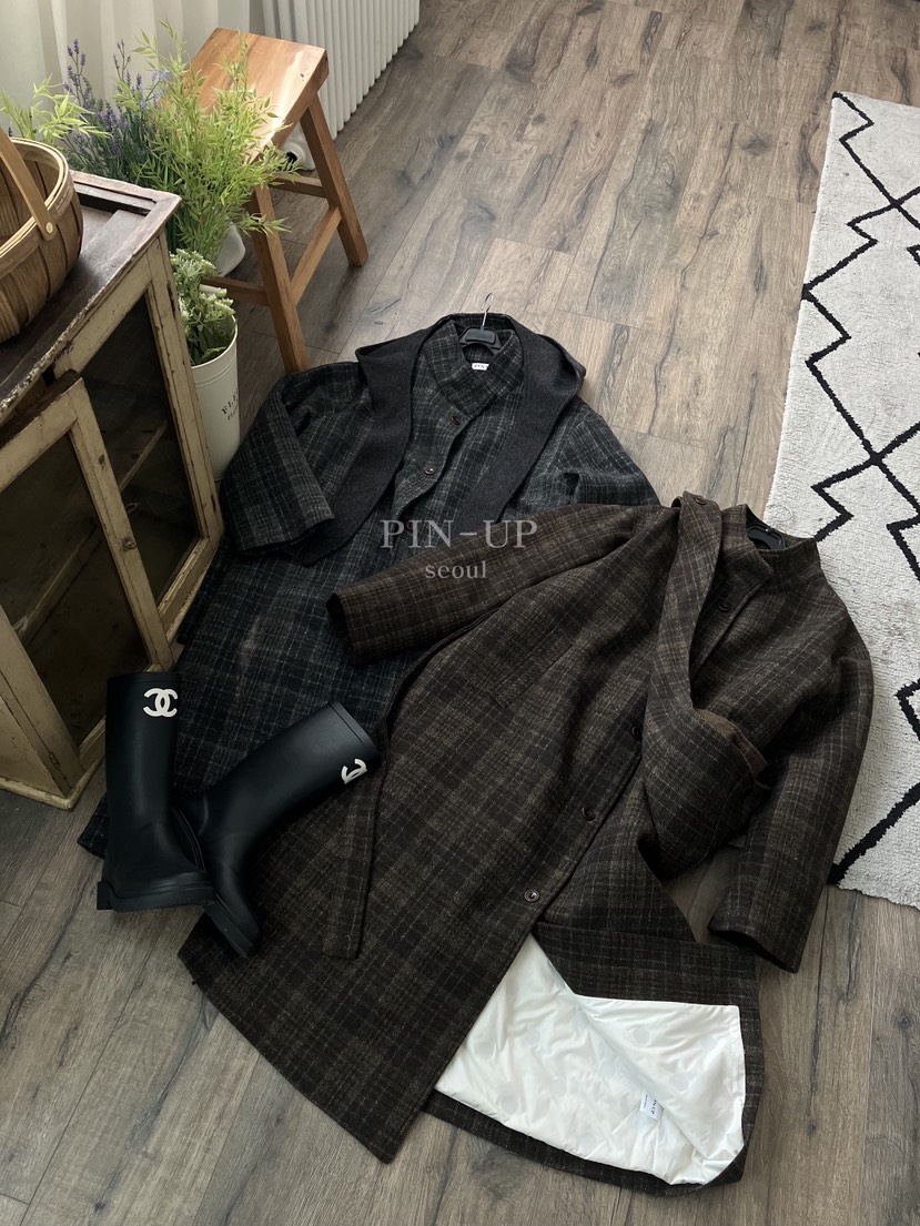 PIN-UP韓國直郵㊣女士新品25秋冬中長款大衣含腰帶格子絎縫連帽PIN-UP中長款大衣