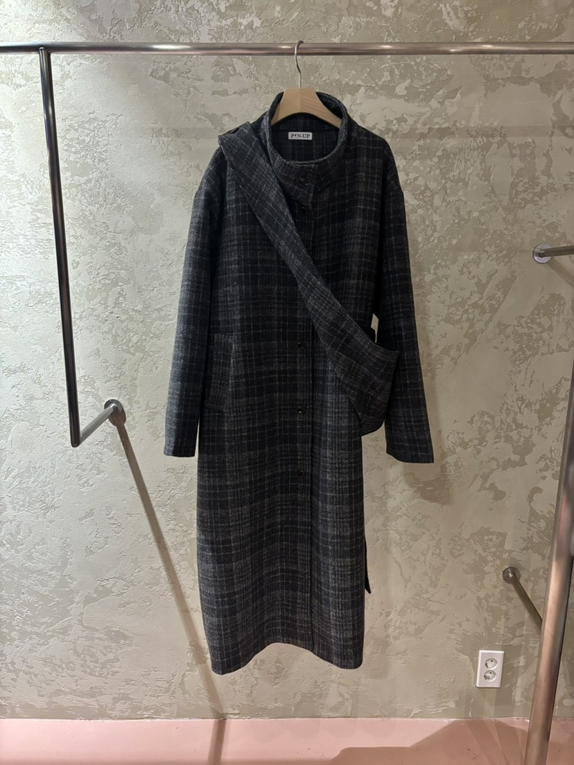 PIN-UP韓國直郵㊣女士新品25秋冬中長款大衣含腰帶格子絎縫連帽PIN-UP中長款大衣圖色2
