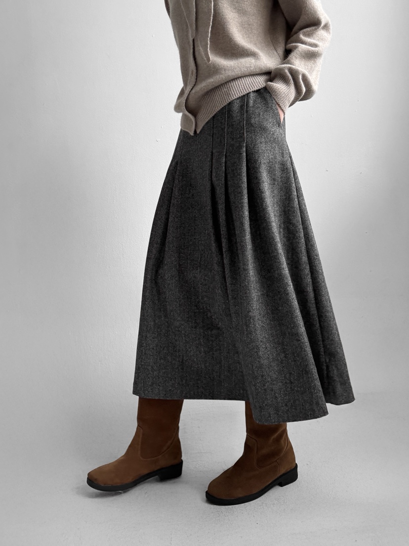 YIKHO STYLE東大門㊣代購女裝新款25秋冬職業長裙羊毛人字紋YIKHO STYLE長裙