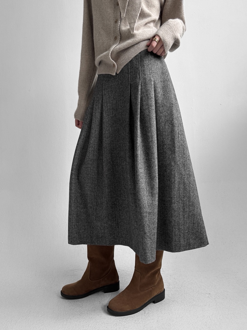 YIKHO STYLE東大門㊣代購女裝新款25秋冬職業長裙羊毛人字紋YIKHO STYLE長裙