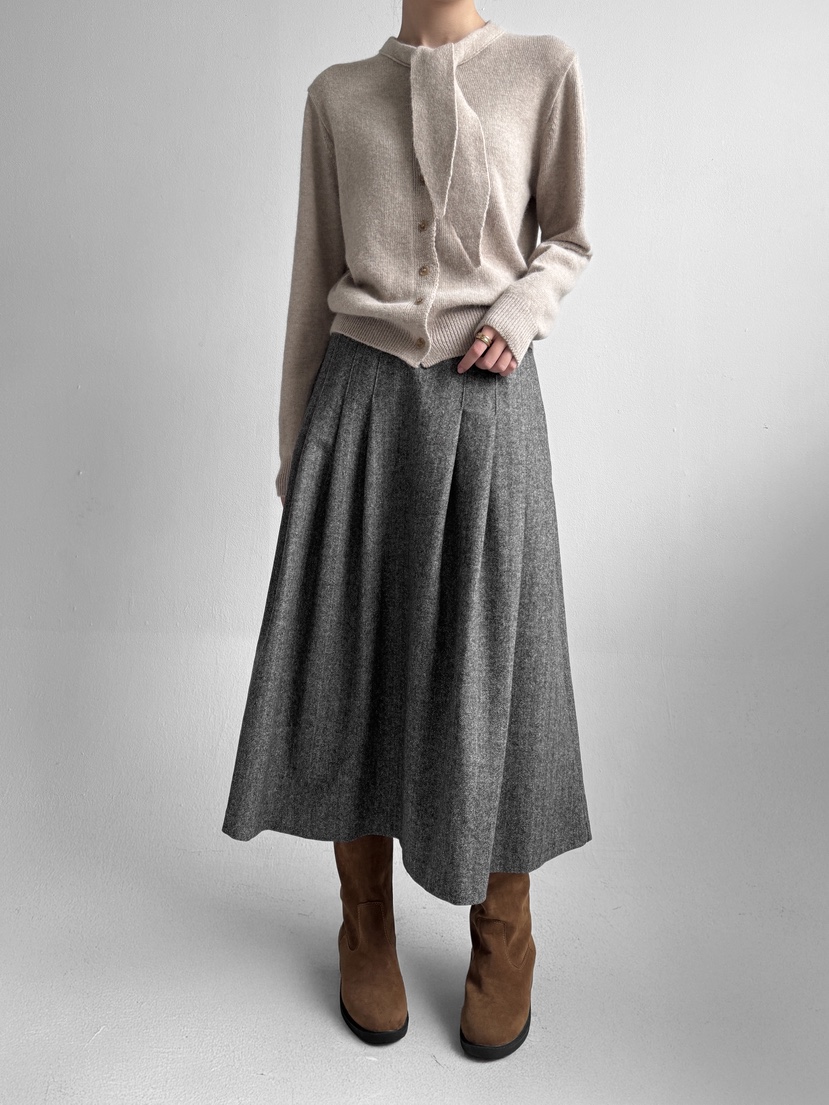 YIKHO STYLE東大門㊣代購女裝新款25秋冬職業長裙羊毛人字紋YIKHO STYLE長裙