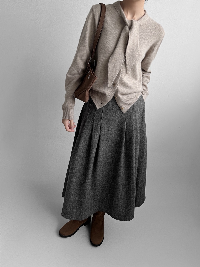 YIKHO STYLE東大門㊣代購女裝新款25秋冬職業長裙羊毛人字紋YIKHO STYLE長裙