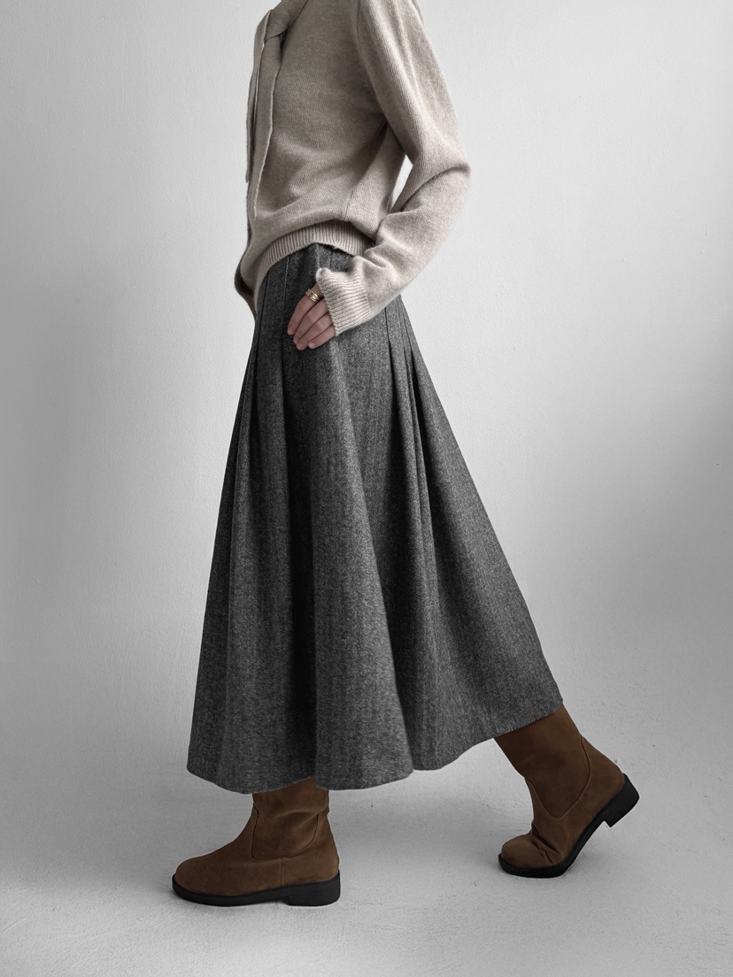 YIKHO STYLE東大門㊣代購女裝新款25秋冬職業長裙羊毛人字紋YIKHO STYLE長裙