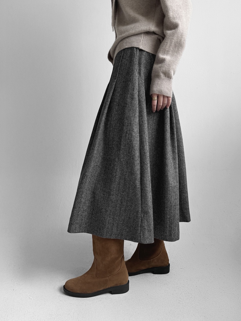 YIKHO STYLE東大門㊣代購女裝新款25秋冬職業長裙羊毛人字紋YIKHO STYLE長裙