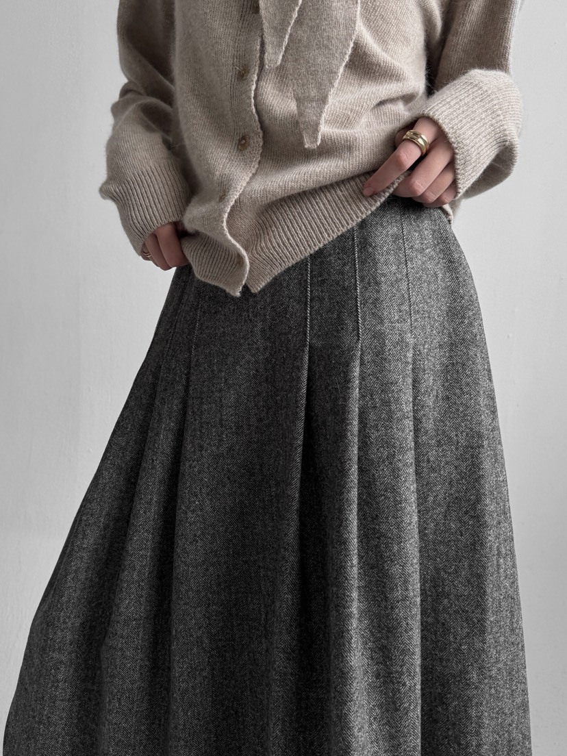 YIKHO STYLE東大門㊣代購女裝新款25秋冬職業長裙羊毛人字紋YIKHO STYLE長裙