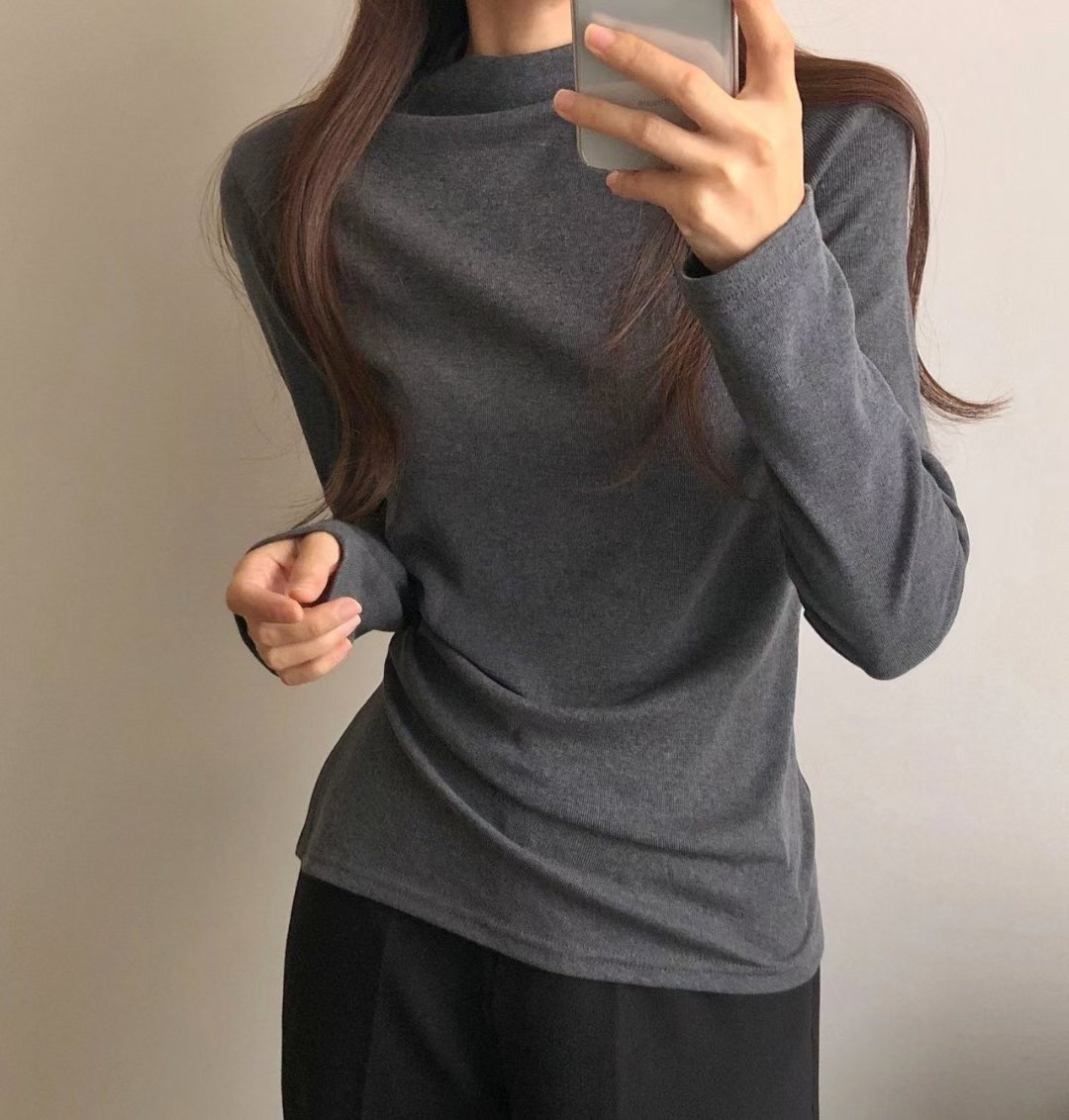 PUDDING東大門㊣直郵女士新品25秋冬真品休閑長袖T恤高領褶皺PUDDING長袖T恤圖色3