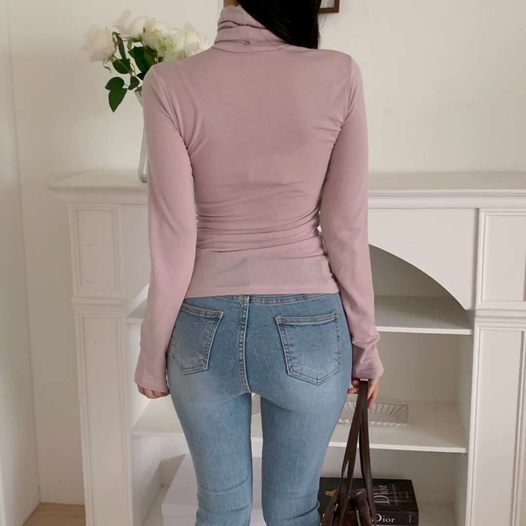 PUDDING韓國直郵㊣女裝新品推薦熱賣職業長袖T恤抓絨高領褶皺PUDDING長袖T恤