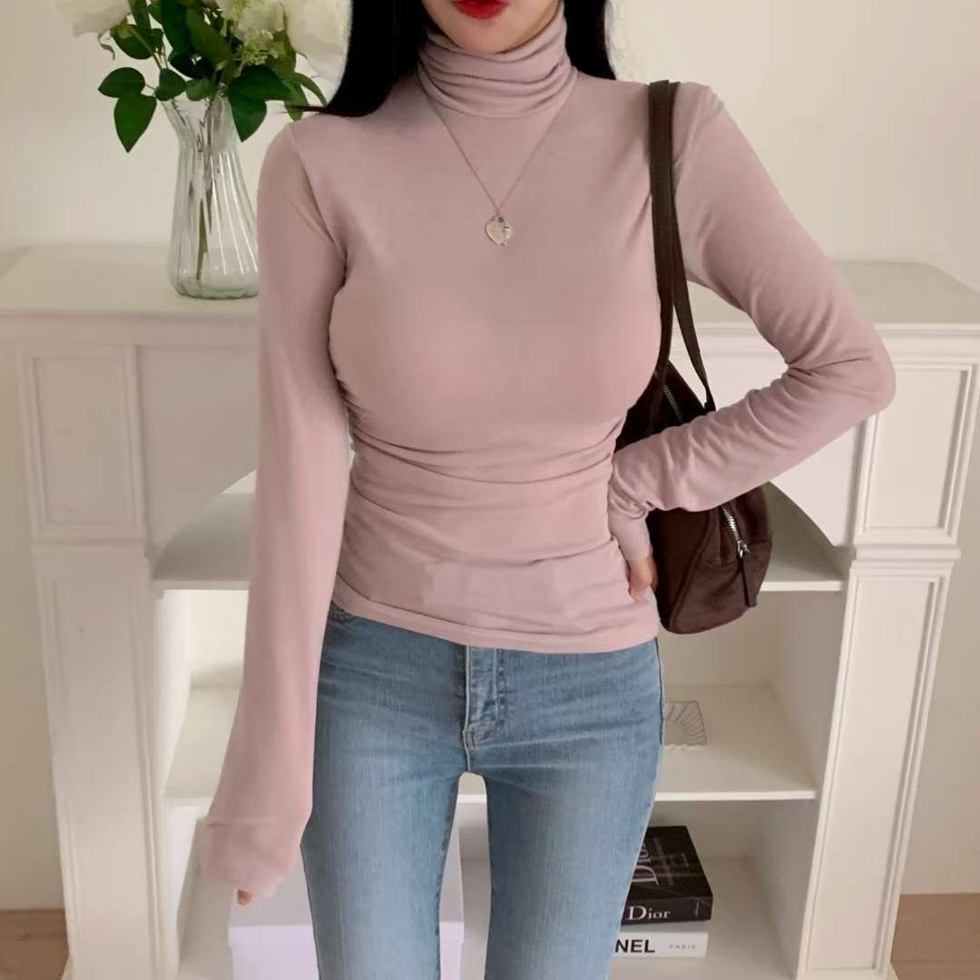 PUDDING韓國直郵㊣女裝新品推薦熱賣職業長袖T恤抓絨高領褶皺PUDDING長袖T恤圖色1