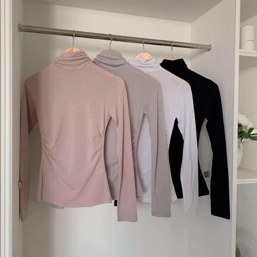 PUDDING韓國直郵㊣女裝新品推薦熱賣職業長袖T恤抓絨高領褶皺PUDDING長袖T恤圖色4左四色