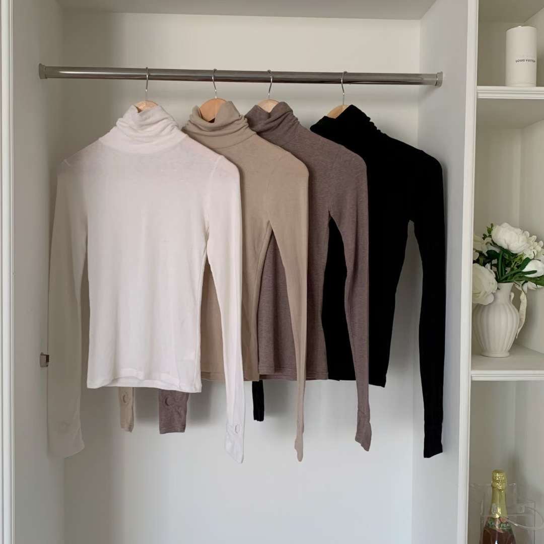 PUDDING韓國直郵㊣女士新款職業休閑長袖T恤安哥拉羊毛高領PUDDING長袖T恤圖色2左二色