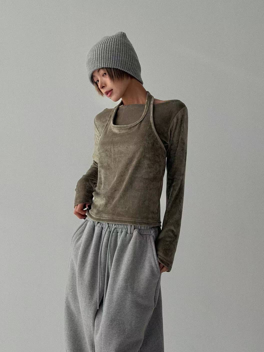 CELEB-셀럽-T東大門㊣直郵女裝新款時尚長袖T恤假兩件絲絨CELEB-T長袖T恤