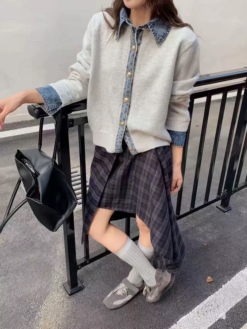 DOUZEMOIS東大門㊣實拍女裝新款休閑人氣針織衫假兩件羊毛開衫DOUZEMOIS針織衫圖色1