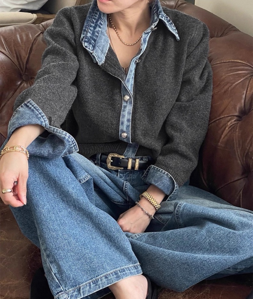 DOUZEMOIS東大門㊣實拍女裝新款休閑人氣針織衫假兩件羊毛開衫DOUZEMOIS針織衫圖色2