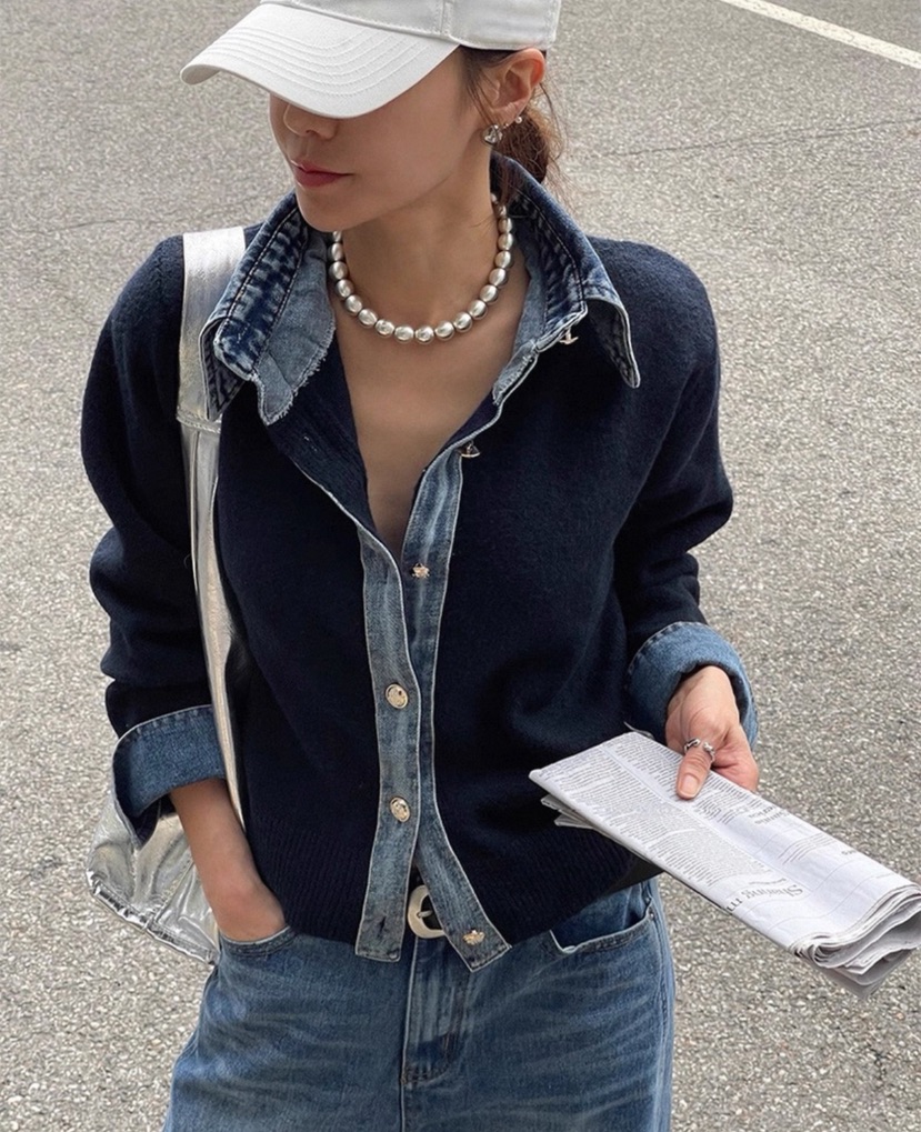 DOUZEMOIS東大門㊣實拍女裝新款休閑人氣針織衫假兩件羊毛開衫DOUZEMOIS針織衫圖色3