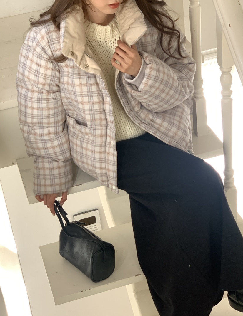 NOTICE東大門㊣直郵女裝新品休閑職業短款羽絨服格紋填充鴨絨NOTICE短款羽絨服