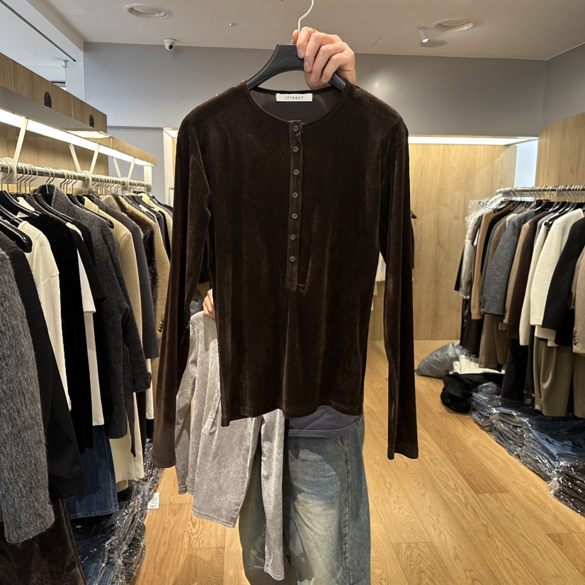 LEFANCY東大門㊣實拍女士新品真品人氣推薦長袖T恤天鵝絨紐扣LEFANCY長袖T恤圖色3棕色