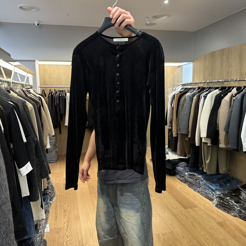 LEFANCY東大門㊣實拍女士新品真品人氣推薦長袖T恤天鵝絨紐扣LEFANCY長袖T恤圖色4黑色