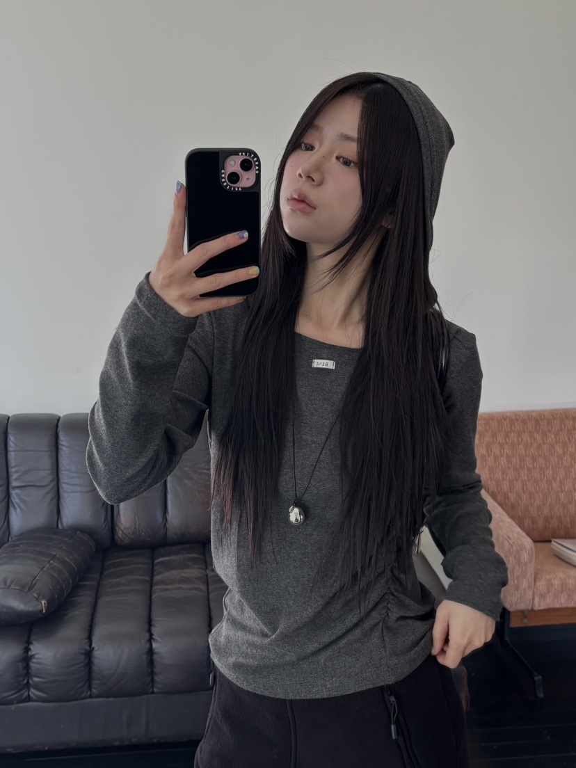 BENE東大門㊣實拍女士新款推薦休閑長袖T恤安哥拉連帽衫羊毛BENE長袖T恤圖色2墨色