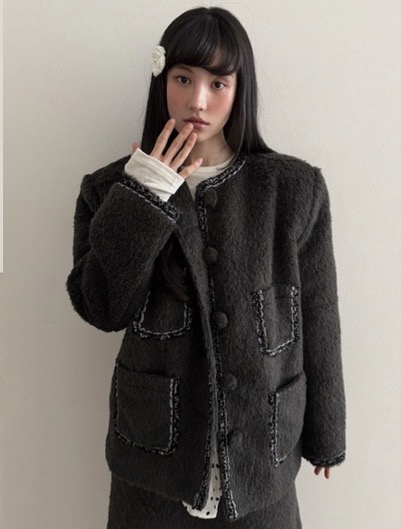 CLODE韓國代購㊣女士新品人氣推薦25秋冬短款大衣粗花呢馬海毛CLODE短款大衣圖色2