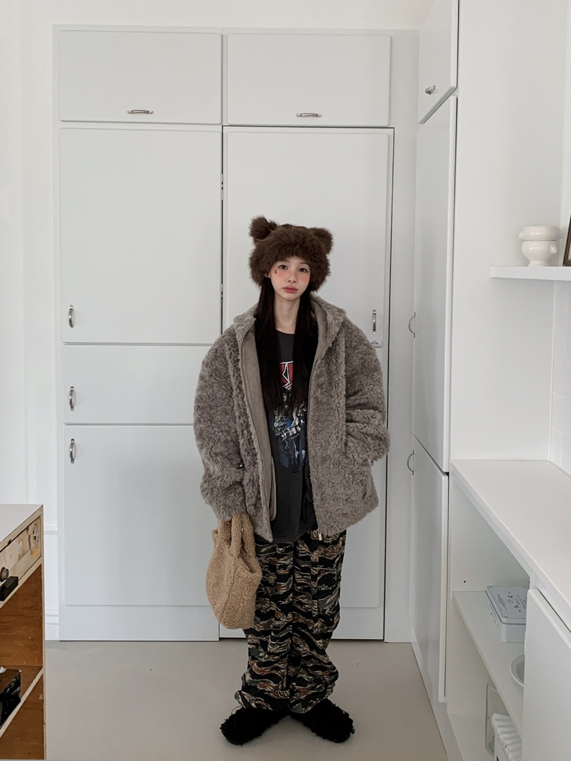 JKICHI東大門㊣直郵女士新款熱賣休閑短款大衣泰迪熊毛絨連帽JKICHI短款大衣