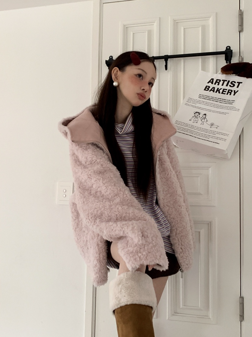 JKICHI東大門㊣直郵女士新款熱賣休閑短款大衣泰迪熊毛絨連帽JKICHI短款大衣