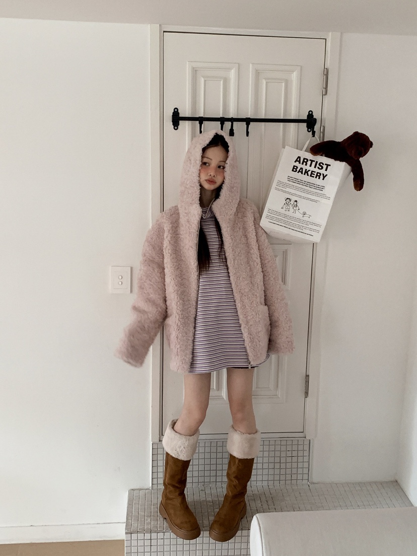 JKICHI東大門㊣直郵女士新款熱賣休閑短款大衣泰迪熊毛絨連帽JKICHI短款大衣