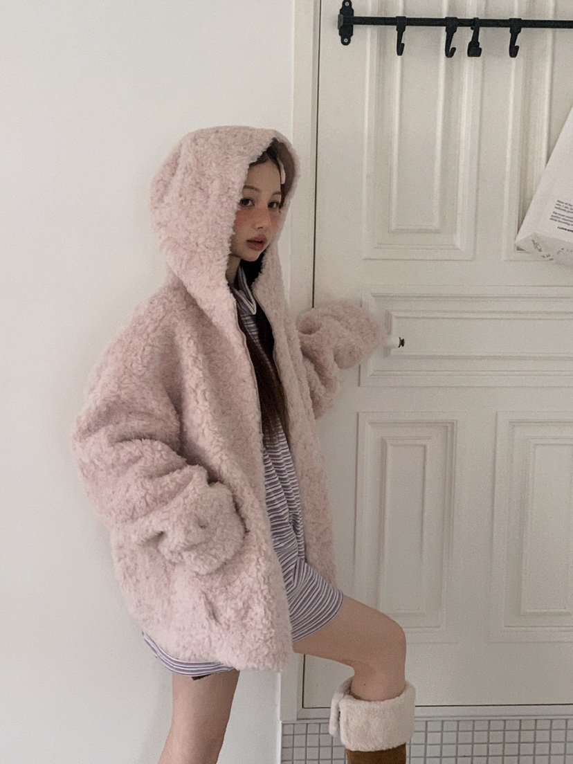 JKICHI東大門㊣直郵女士新款熱賣休閑短款大衣泰迪熊毛絨連帽JKICHI短款大衣