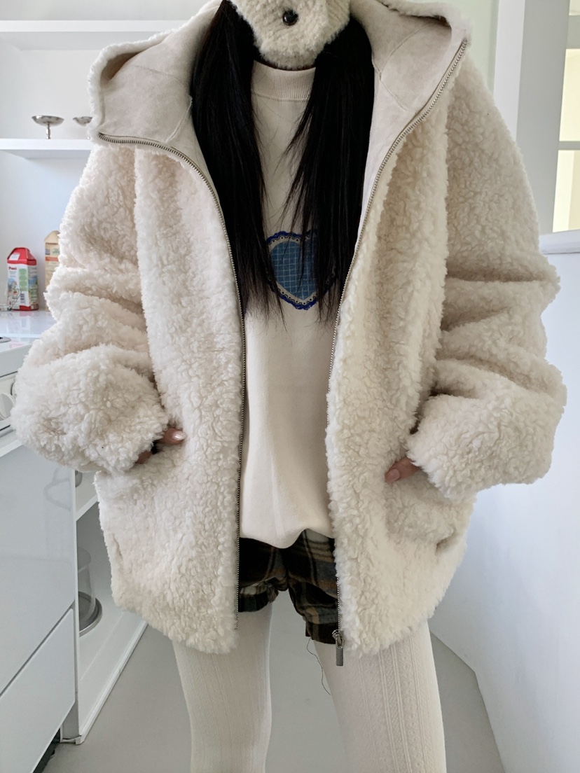 JKICHI東大門㊣直郵女士新款熱賣休閑短款大衣泰迪熊毛絨連帽JKICHI短款大衣圖色2