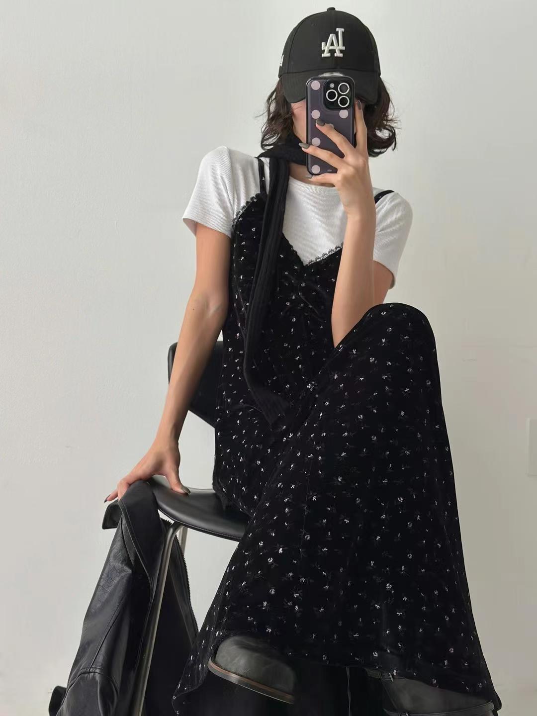 CRACKER東大門㊣實拍女裝新款時尚推薦連衣裙不含內搭天鵝絨CRACKER_連衣裙圖色1