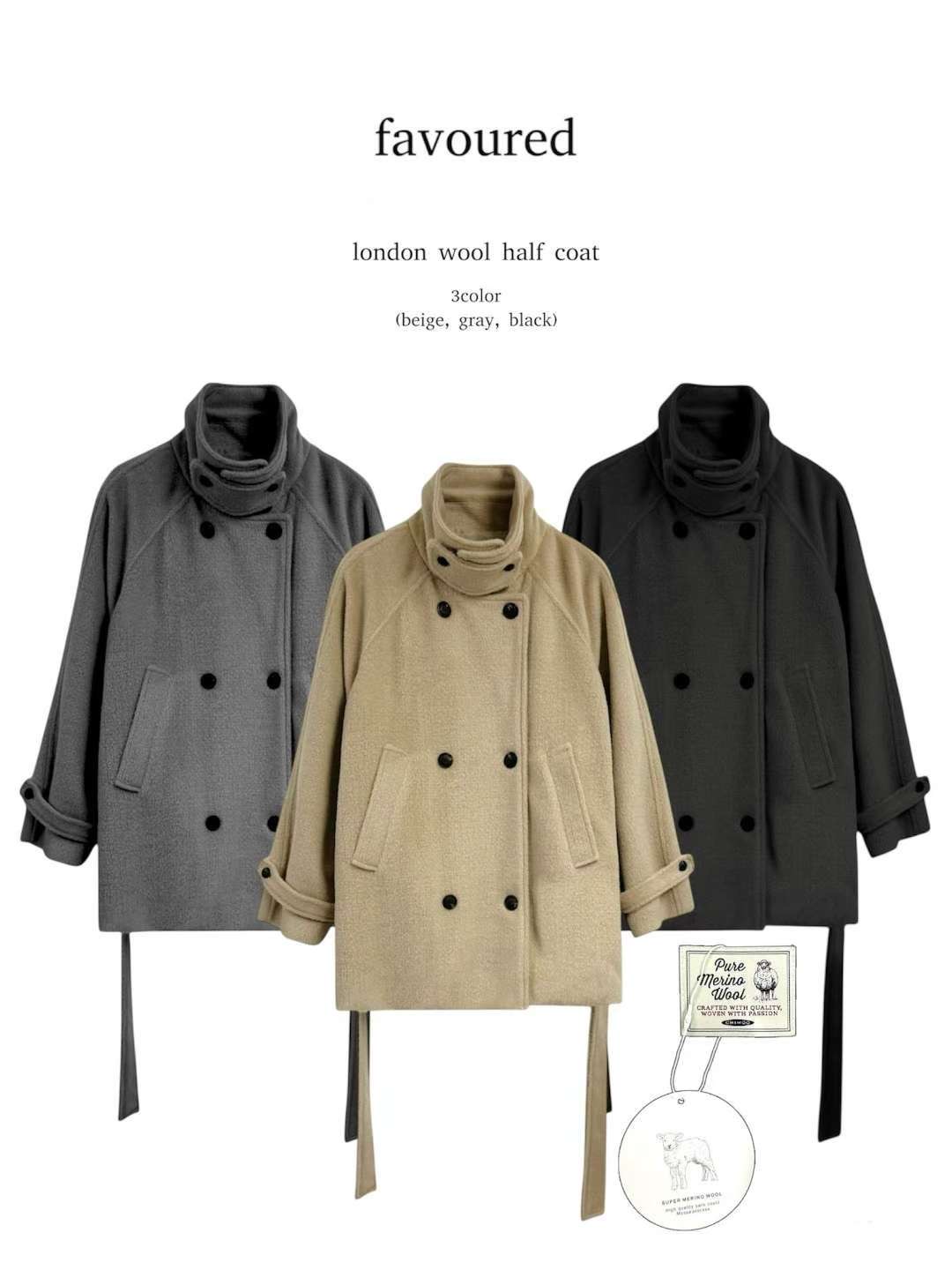FAVOURED韓國代購㊣女裝新品休閑職業中長款大衣含腰帶羊毛FAVOURED中長款大衣