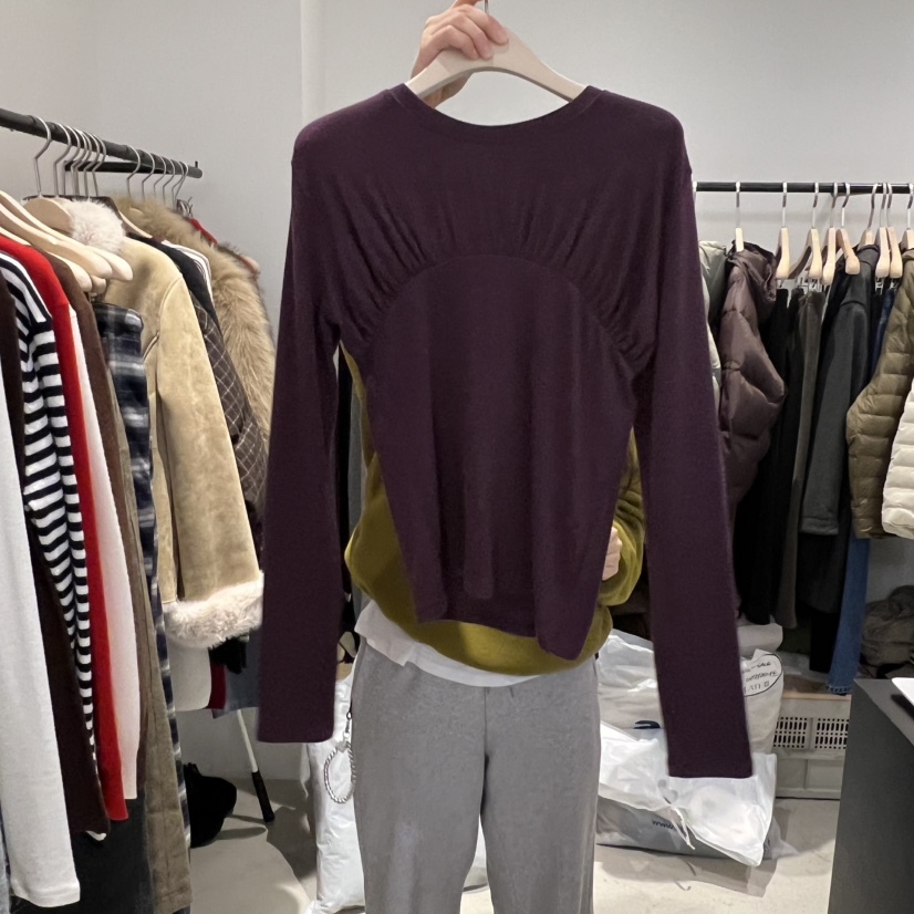 PLATE韓國代購㊣女裝新品推薦熱賣25秋冬人氣時尚長袖T恤褶皺PLATE長袖T恤圖色1