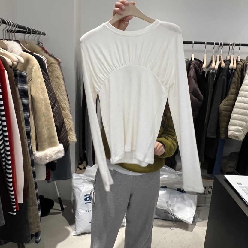 PLATE韓國代購㊣女裝新品推薦熱賣25秋冬人氣時尚長袖T恤褶皺PLATE長袖T恤圖色2