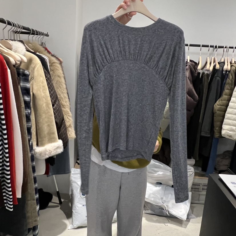 PLATE韓國代購㊣女裝新品推薦熱賣25秋冬人氣時尚長袖T恤褶皺PLATE長袖T恤圖色3