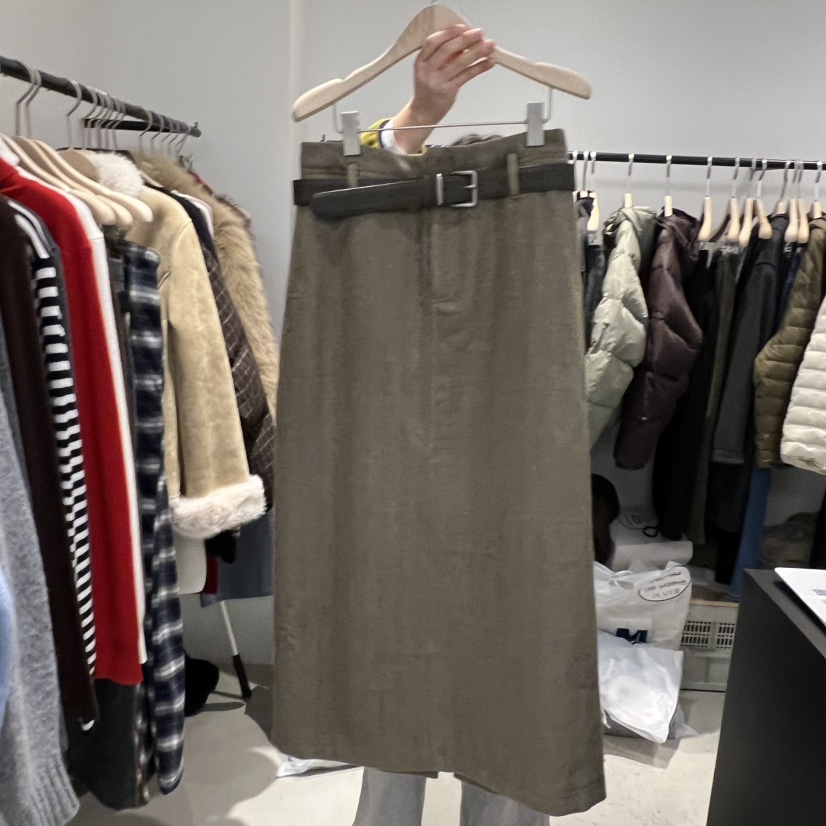 PLATE韓國代購㊣女裝新款25秋冬職業半身裙中短裙人字紋含腰帶PLATE半身裙/中短裙圖色2