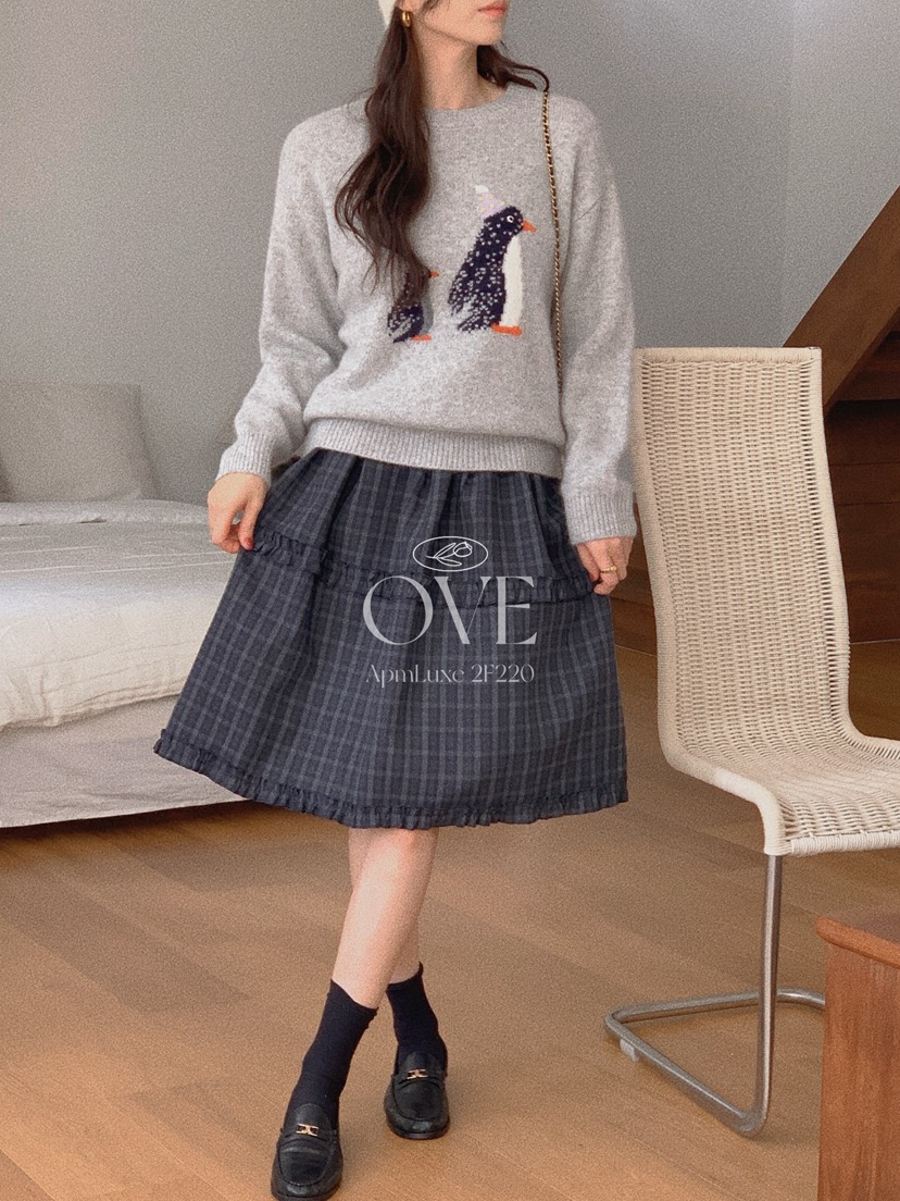 OVE東大門㊣直郵女裝新款人氣25秋冬推薦休閑半身裙中短裙格子OVE半身裙/中短裙