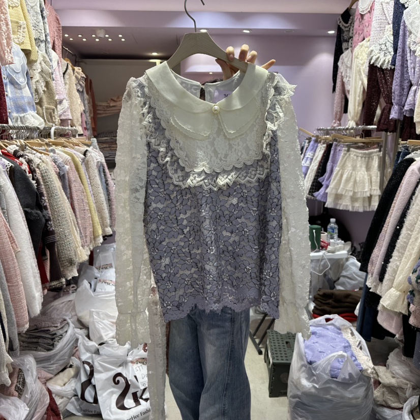 MS東大門㊣實拍女裝新品職業推薦25秋冬人氣休閑襯衫蕾絲衫MS襯衫/蕾絲衫圖色1