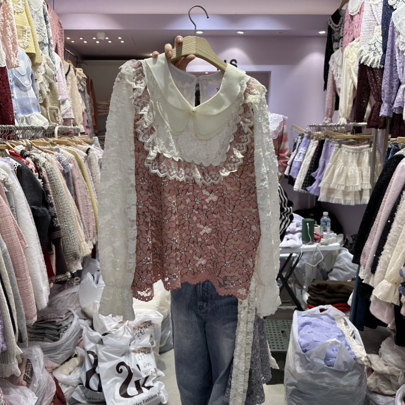 MS東大門㊣實拍女裝新品職業推薦25秋冬人氣休閑襯衫蕾絲衫MS襯衫/蕾絲衫圖色2