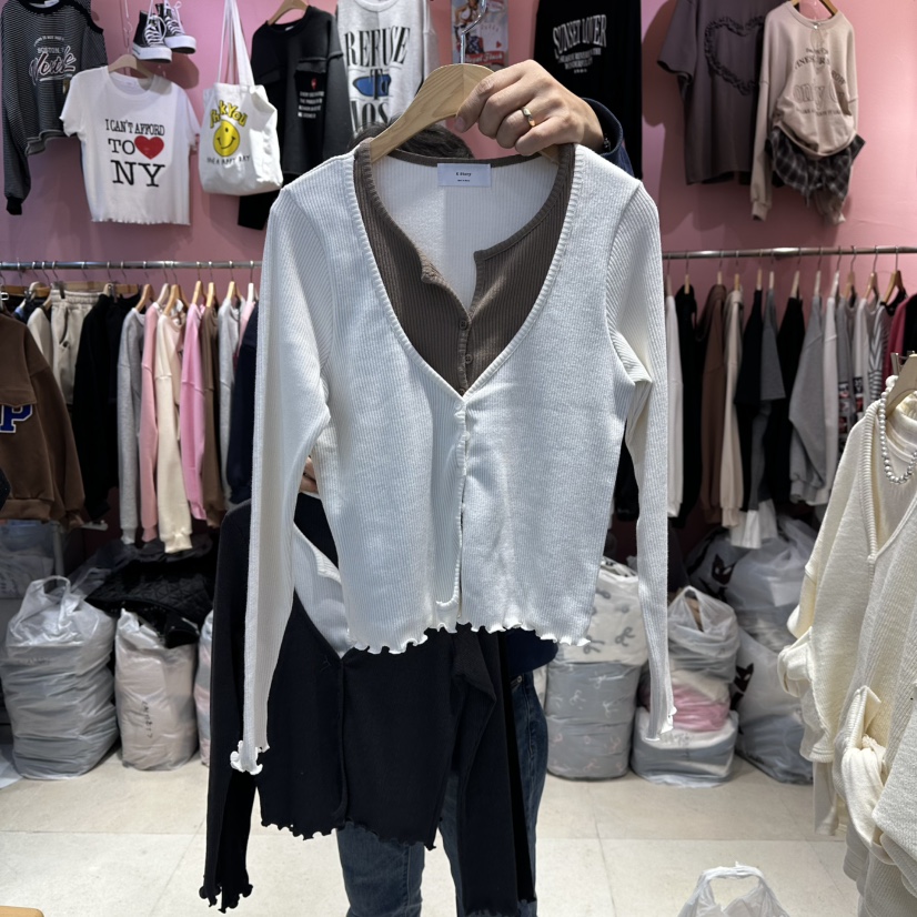 K STORY東大門㊣實拍女裝新品人氣長袖T恤羊毛衫假兩件雙層K STORY長袖T恤圖色1